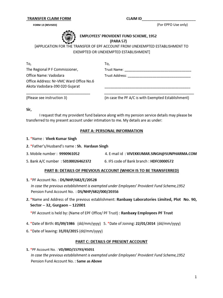 EPF Transfer Claim Form Instructions | PDF | Retirement | Pension