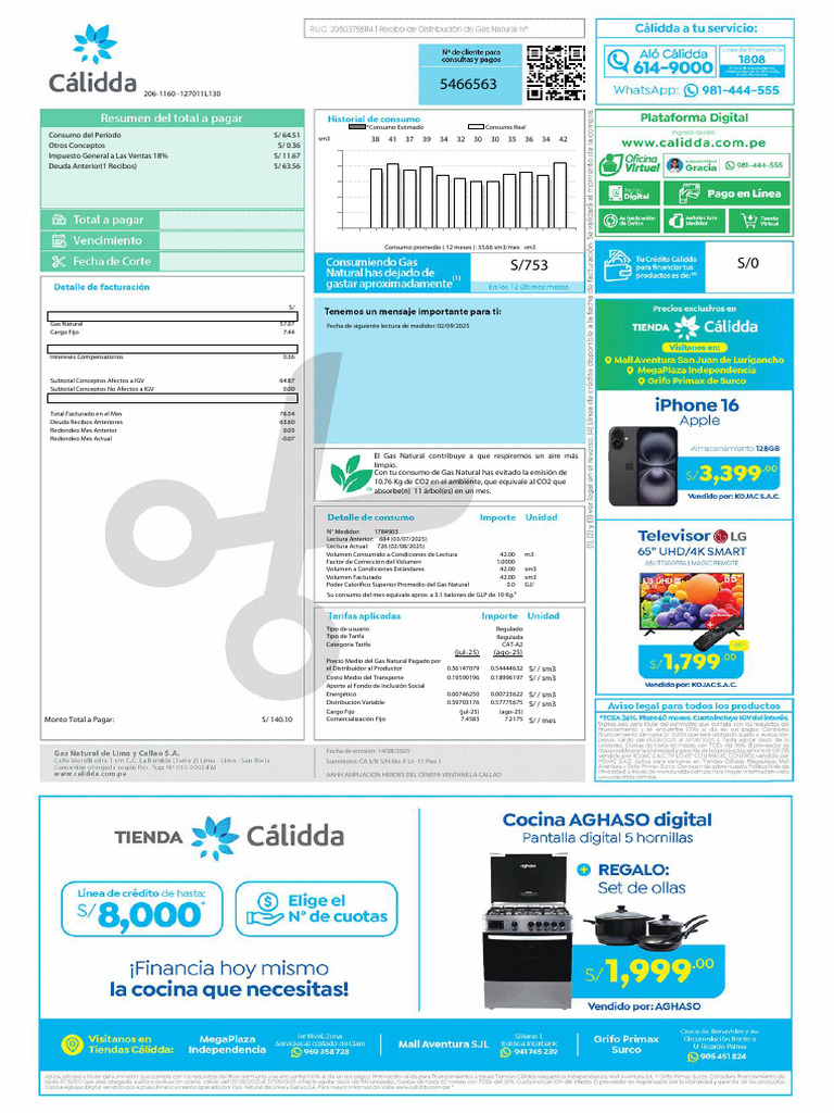 Factura Mensual de Gas Natural - Agosto 2025 | PDF | Economias