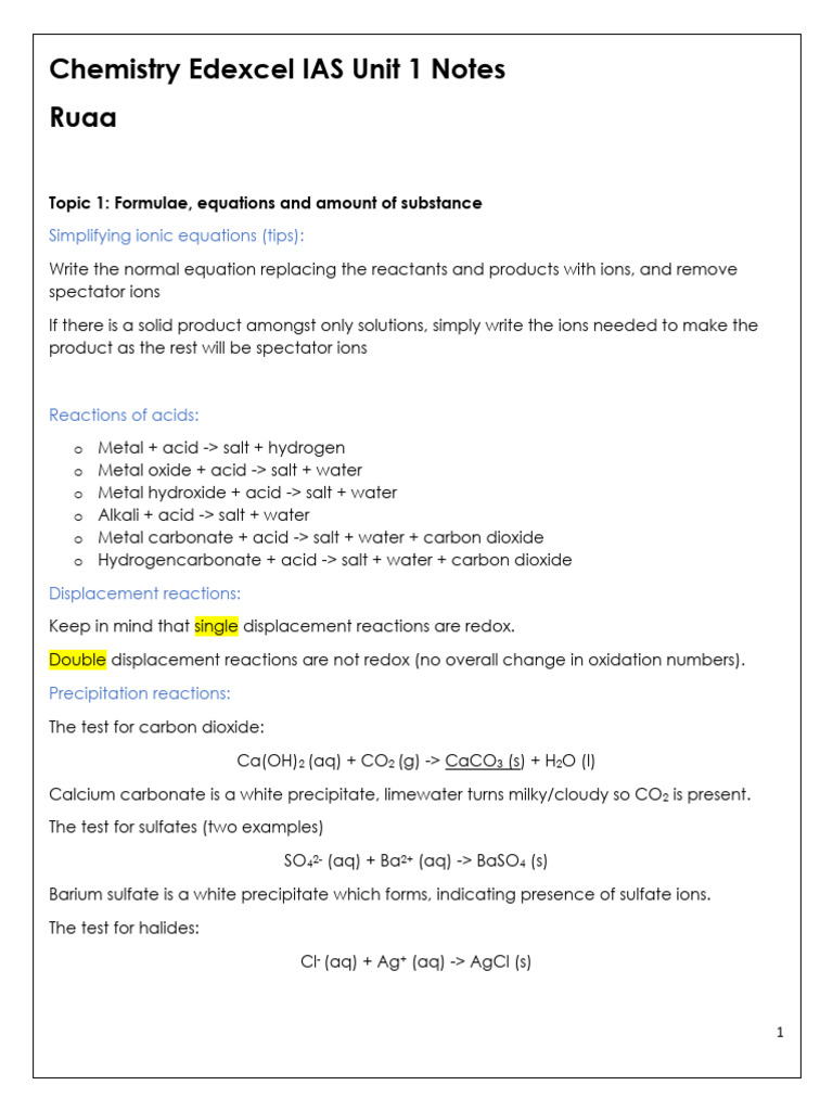 Edexcel IAS Chemistry Unit 1 Notes | PDF | Chemical Bond | Ion