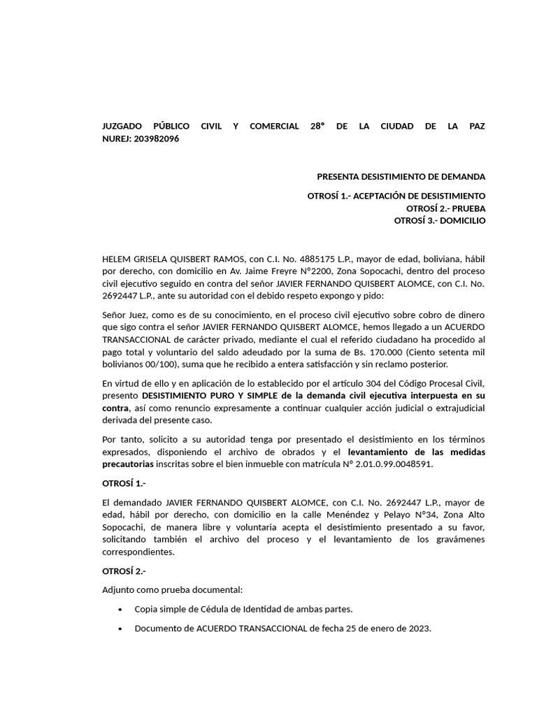 Desistimiento de Demanda Civil en La Paz | PDF | Justicia | Crimen y ...
