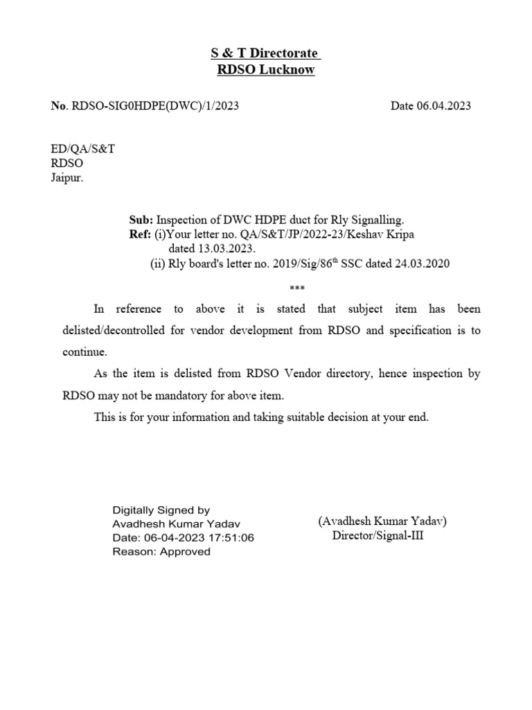 RDSO Inspection Update on DWC HDPE Duct | PDF