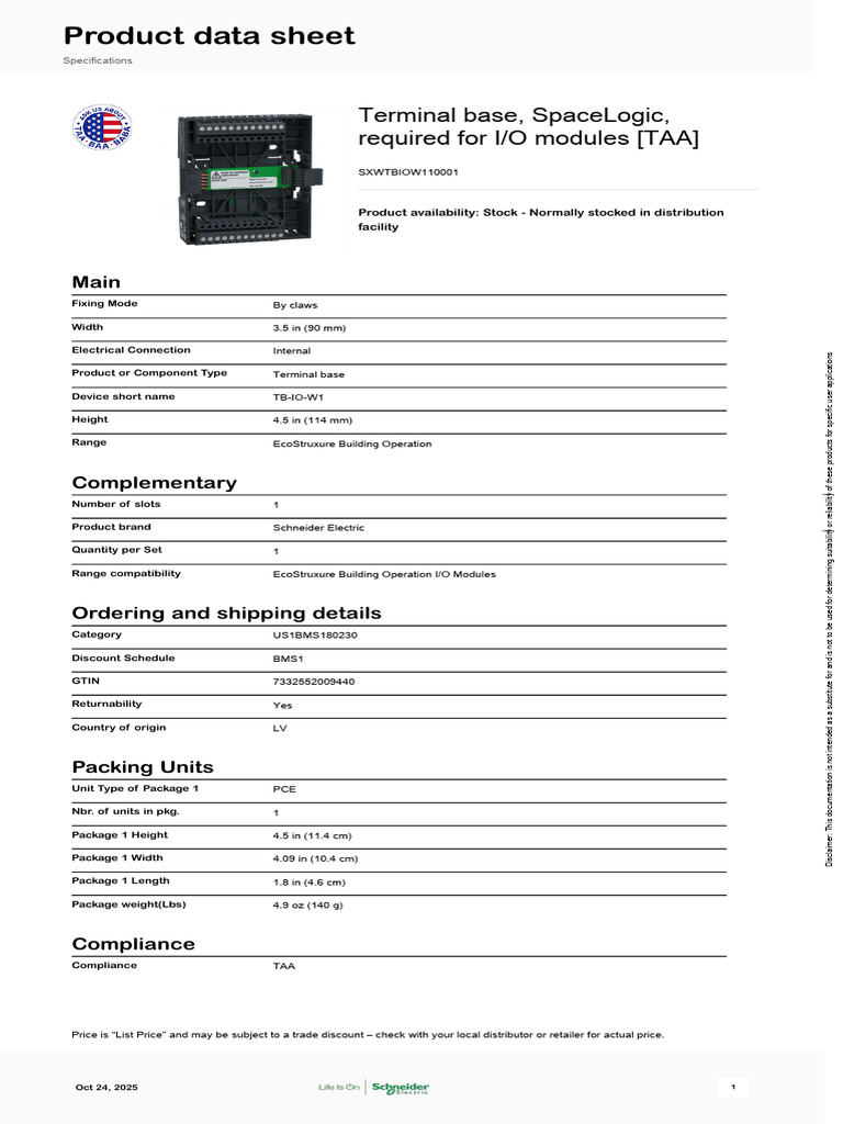 Schneider Electric SpaceLogic Central I O Module SXWTBIOW110001 | PDF ...