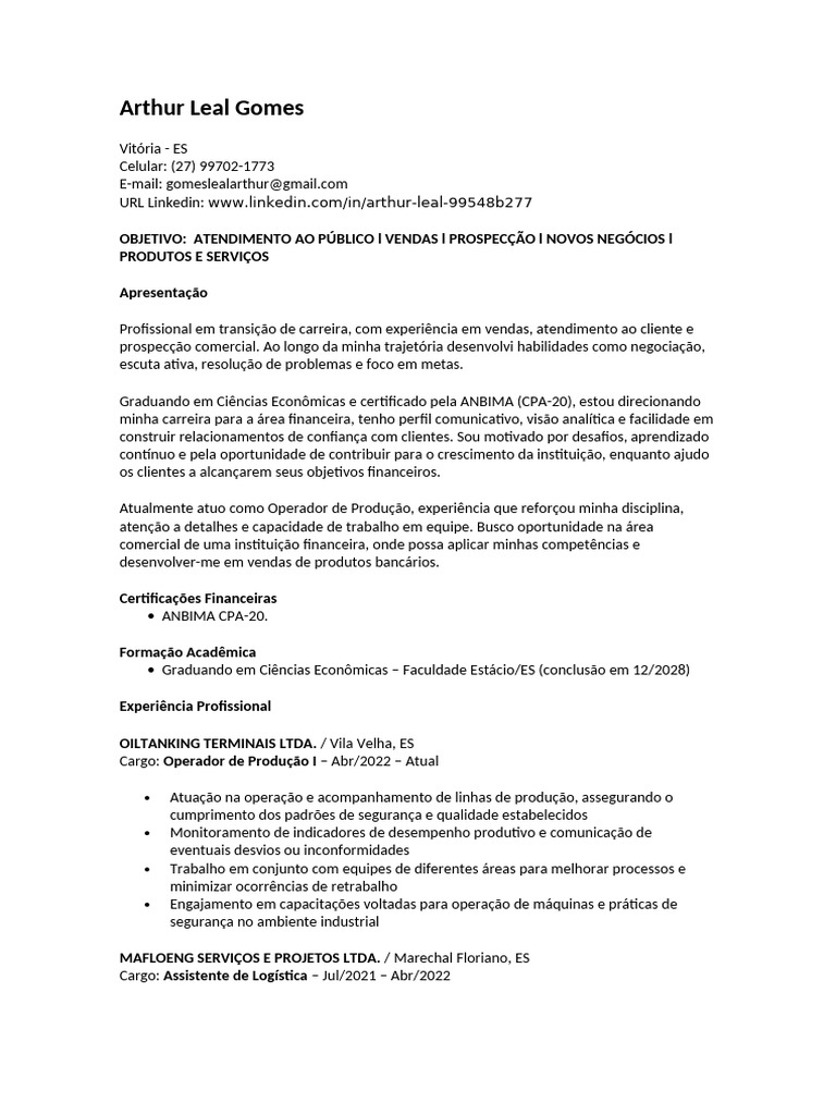 CV ARTHUR | PDF | Qualidade (negócios) | Logística