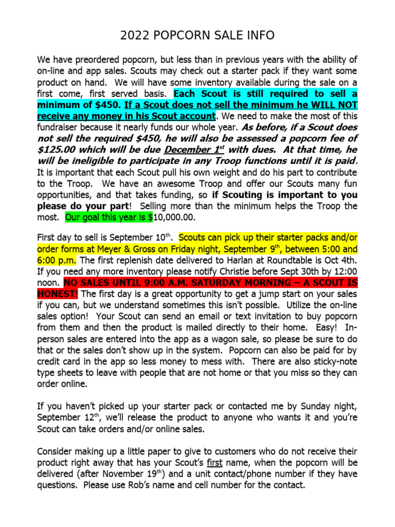 2022 Popcorn Sale Guidelines for Scouts | PDF