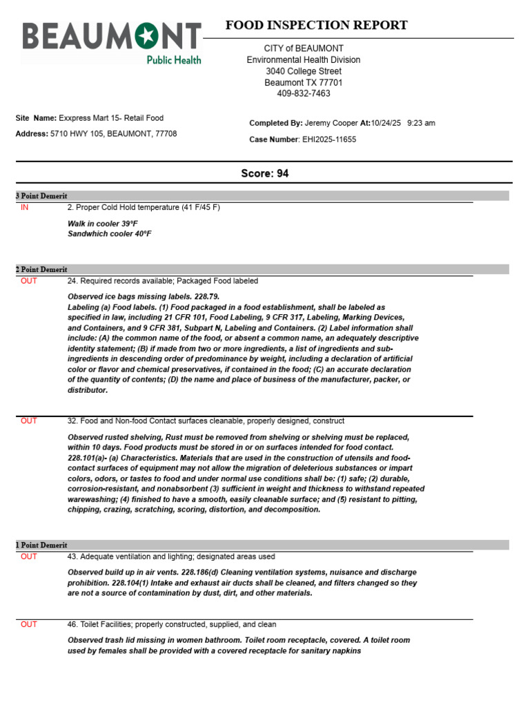 Beaumont Food Inspection Report 94 | PDF | Ventilation (Architecture)