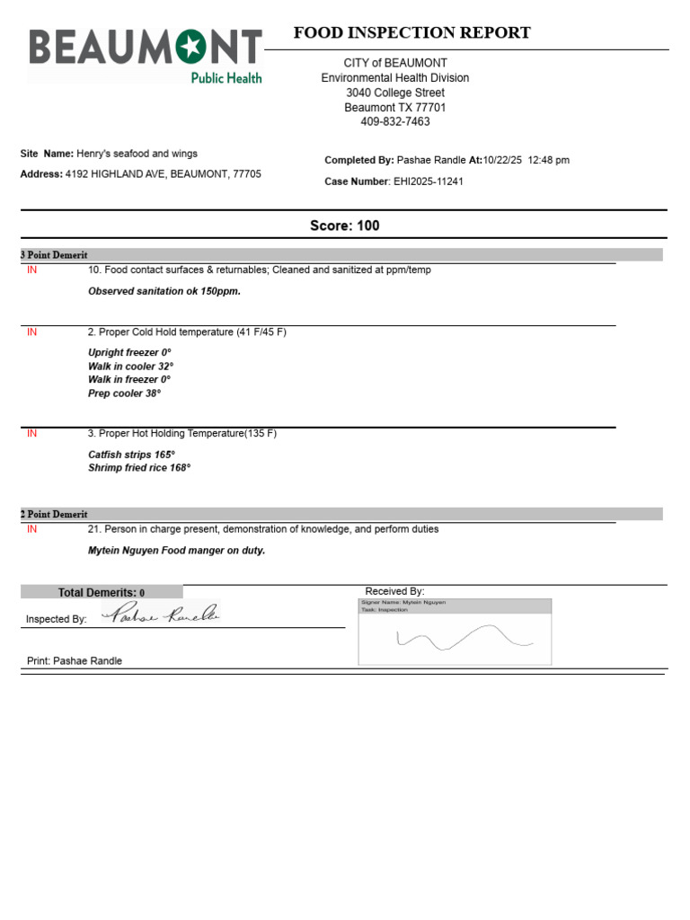 Henry's Seafood Inspection Report | PDF