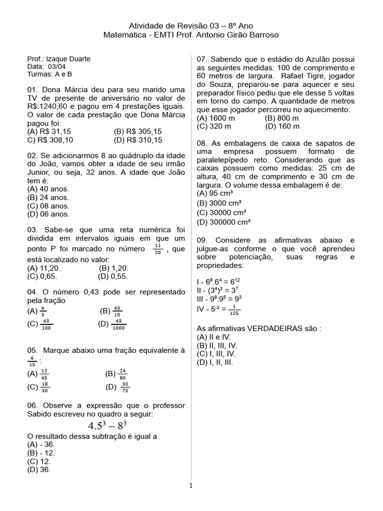 Revisão de Matemática 8º Ano EMTI | PDF