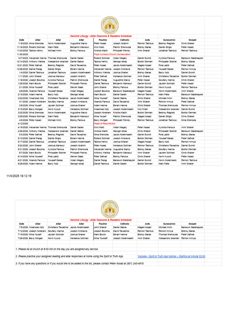 Altar Deacons & Readers Schedule 2025-2026 | PDF | Christian Worship ...