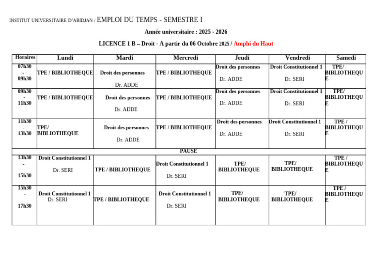 Emploi du temps Licence 1 B Droit 2025-2026 | PDF