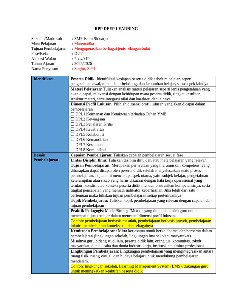 RPP Deep Learning Matematika SMP 2025 | PDF