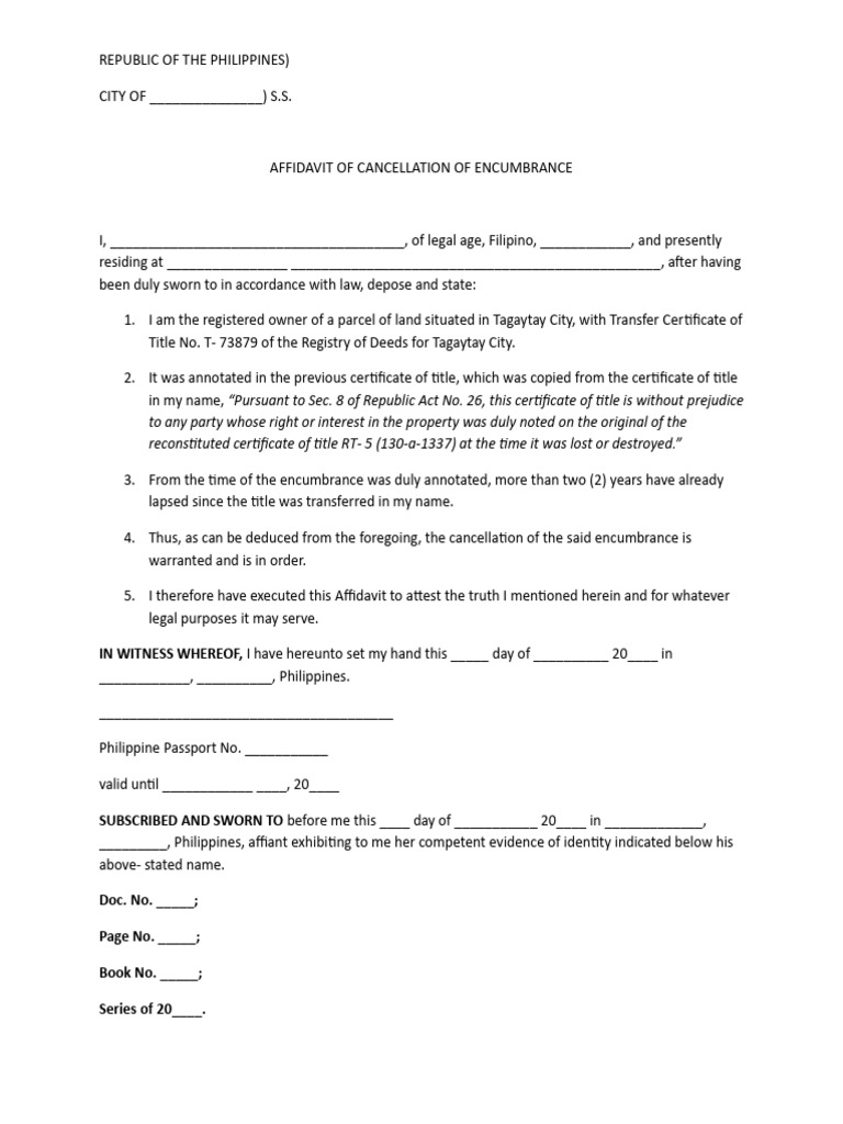 Affidavit for Cancellation of Encumbrance | PDF