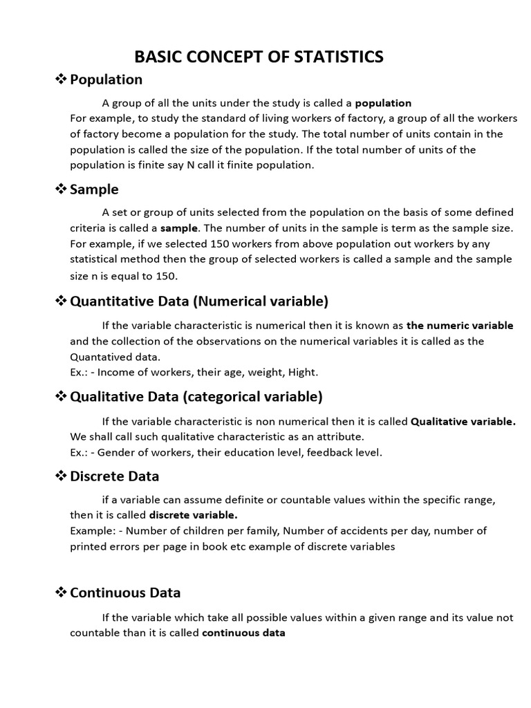 Basic Concept of Statistics: Population | PDF | Mean | Average