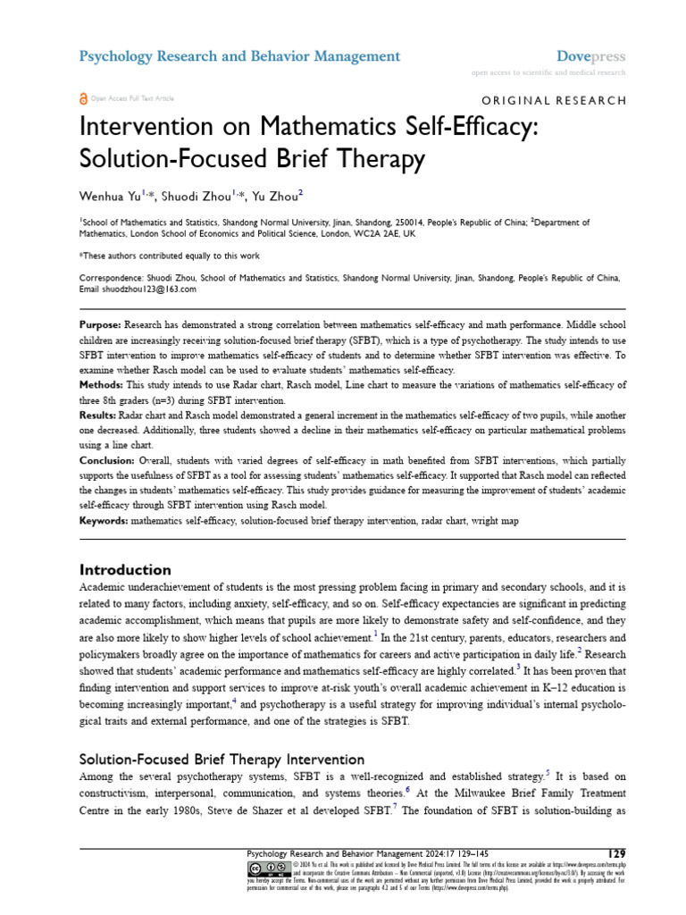 PRBM 432569 Intervention on Mathematics Self Efficacy Solution Focused ...