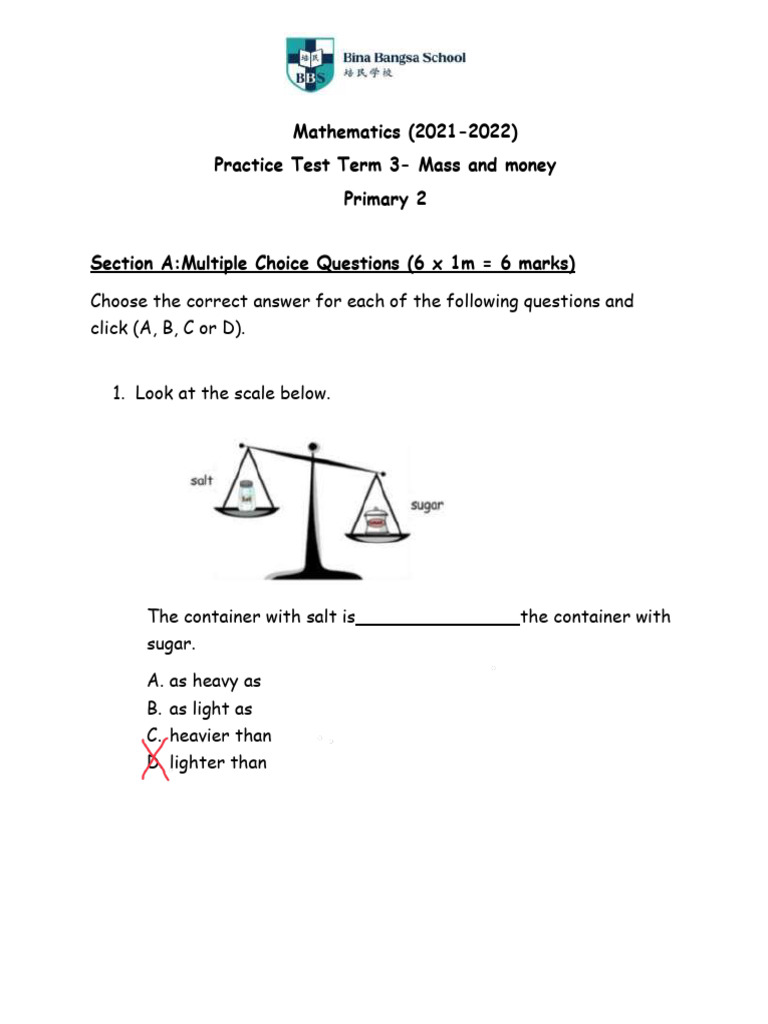 Primary 2 Mass and Money Practice Test | PDF