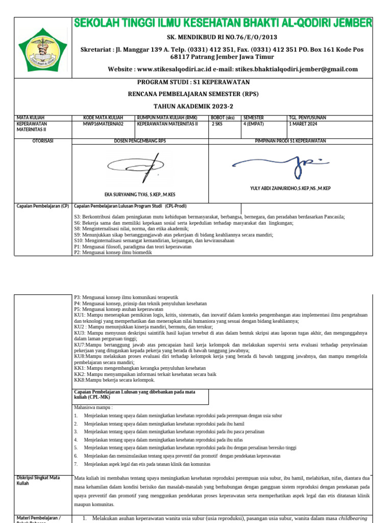 RPS Keperawatan Maternitas II 2023-2024 | PDF