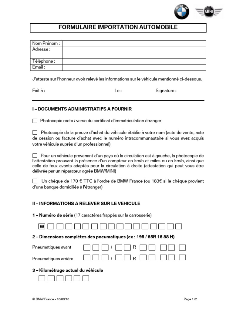 Formulaire d'importation automobile BMW | PDF | Véhicules à traction ...