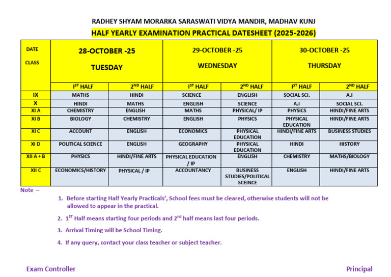 Half Yearly Exam Practical Schedule | PDF | Science