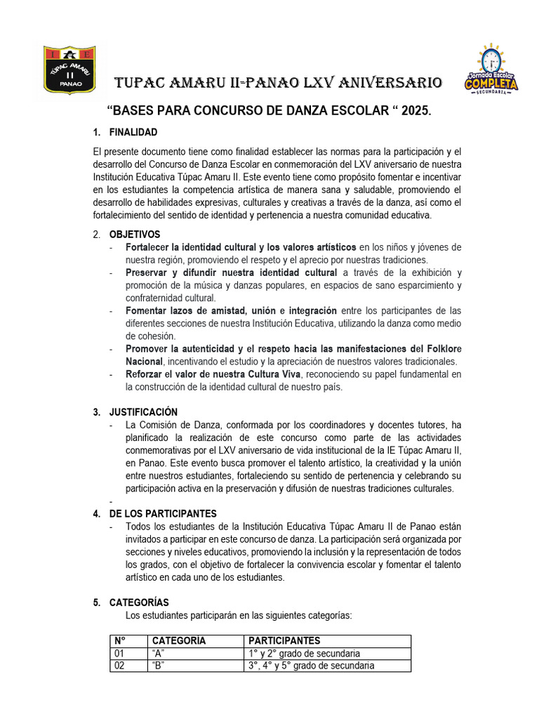 Concurso de Danza Escolar 2025 Panao | PDF | Bailes