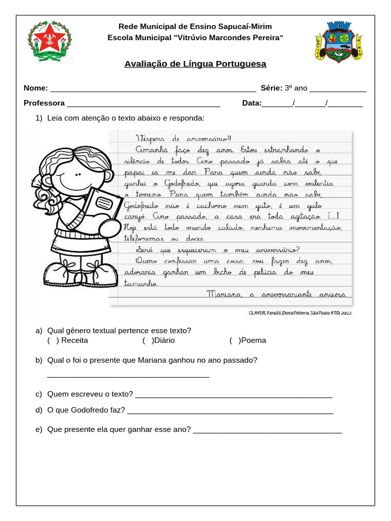 Avaliação de Língua Portuguesa 3º Ano | PDF