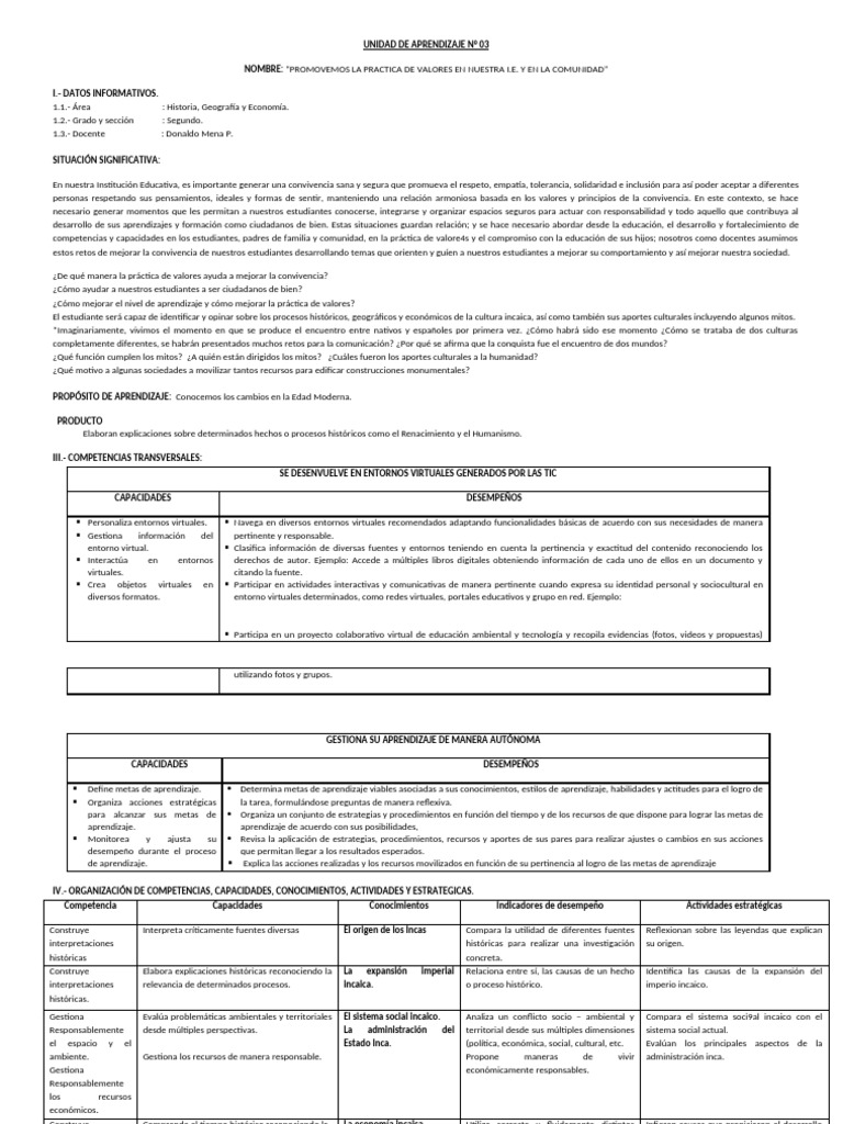 Unidad de Aprendizaje N 3 de CC - Ss | PDF | Aprendizaje | Evaluación