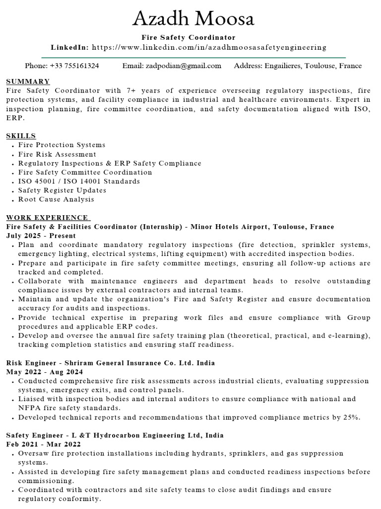 Fire Safety Coordinator Resume Summary | PDF | Fire Safety | Regulatory ...