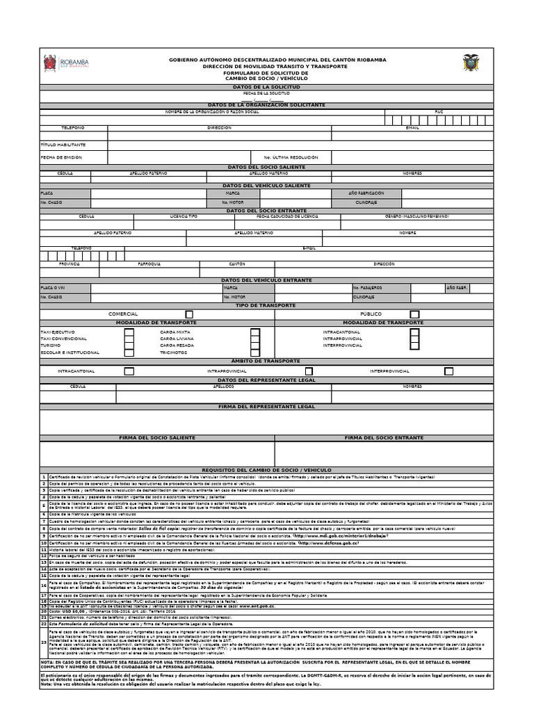Solicitud Cambio de Socio y Vehículo | PDF | Transporte