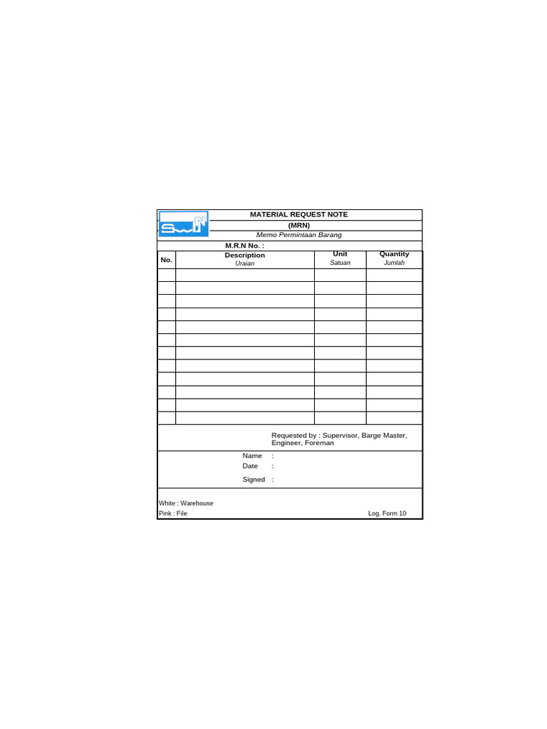 Material Request Note (MRN) M.R.N No.: No. Description Unit Quantity | PDF