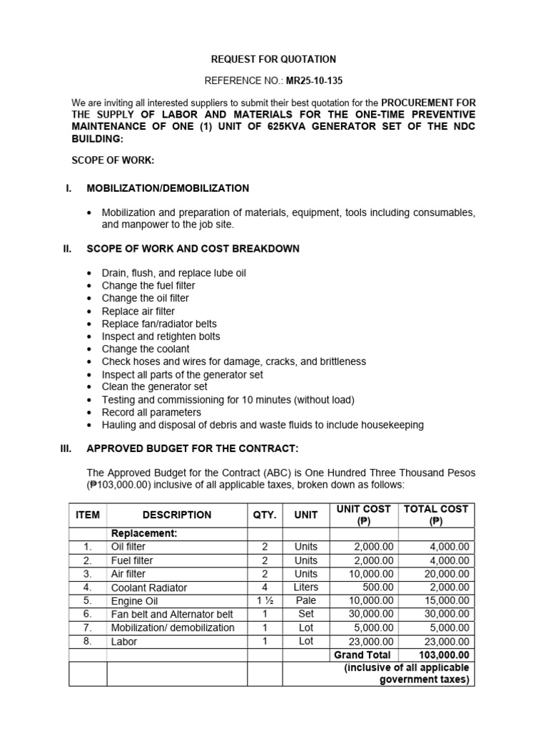 Quotation Request for Generator Maintenance | PDF