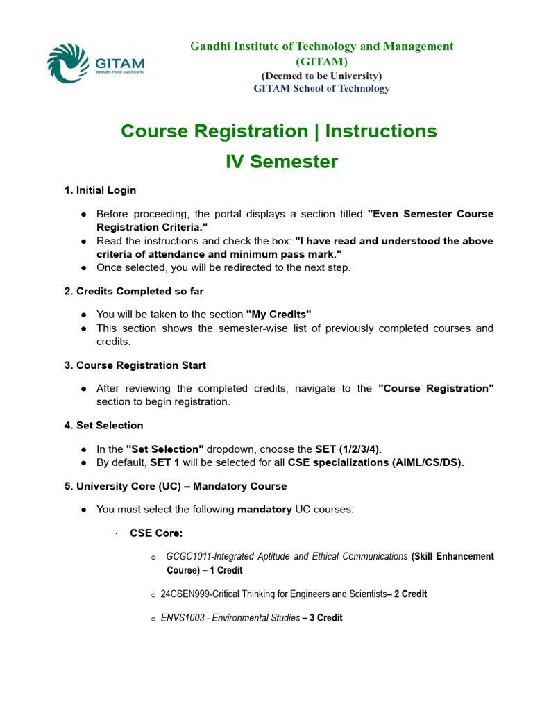 IV Semester Course Registration Guide | PDF