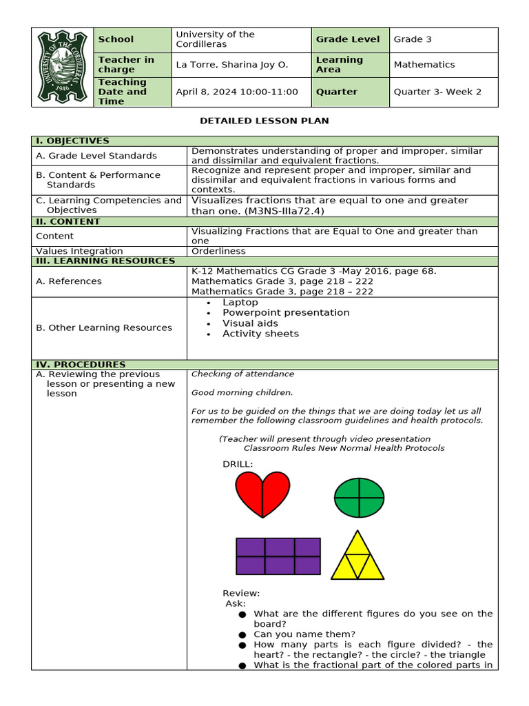 Grade 3 Math Lesson Plan: Fractions | PDF | Numbers | Cognition
