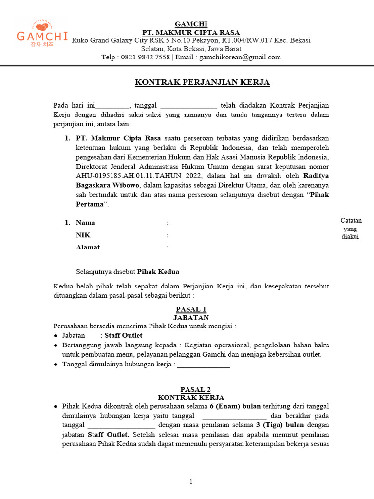 Kontrak Kerja Staff Outlet Gamchi | PDF