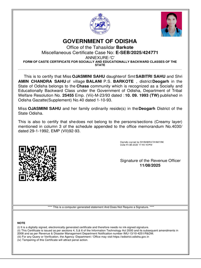 Validity of SEBC Caste Certificate in Odisha | PDF