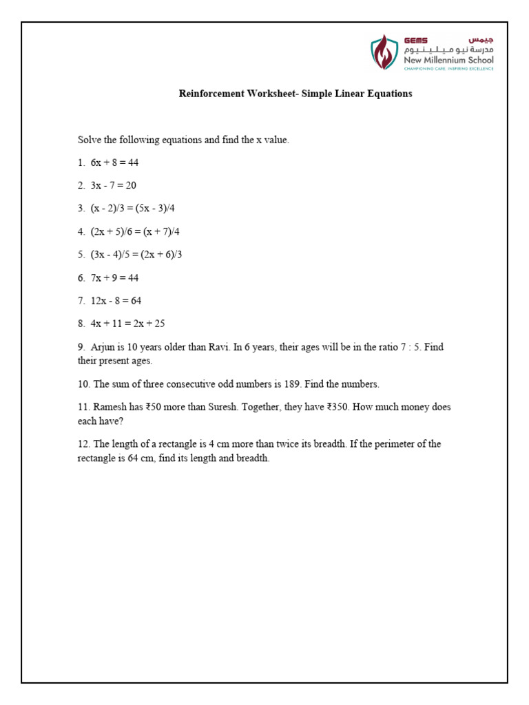 Simple Linear Equations Worksheet | PDF