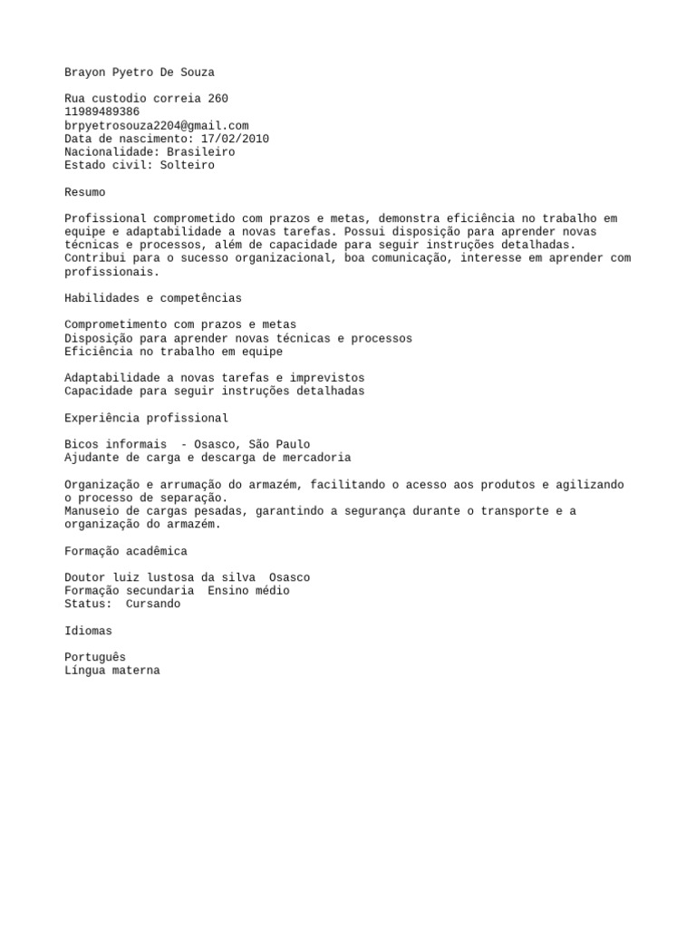 Currículo de Brayon Pyetro De Souza | PDF