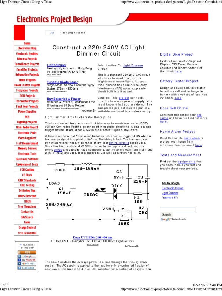 Light Dimmer Circuit Using A Triac PDF Electronic Circuits Components