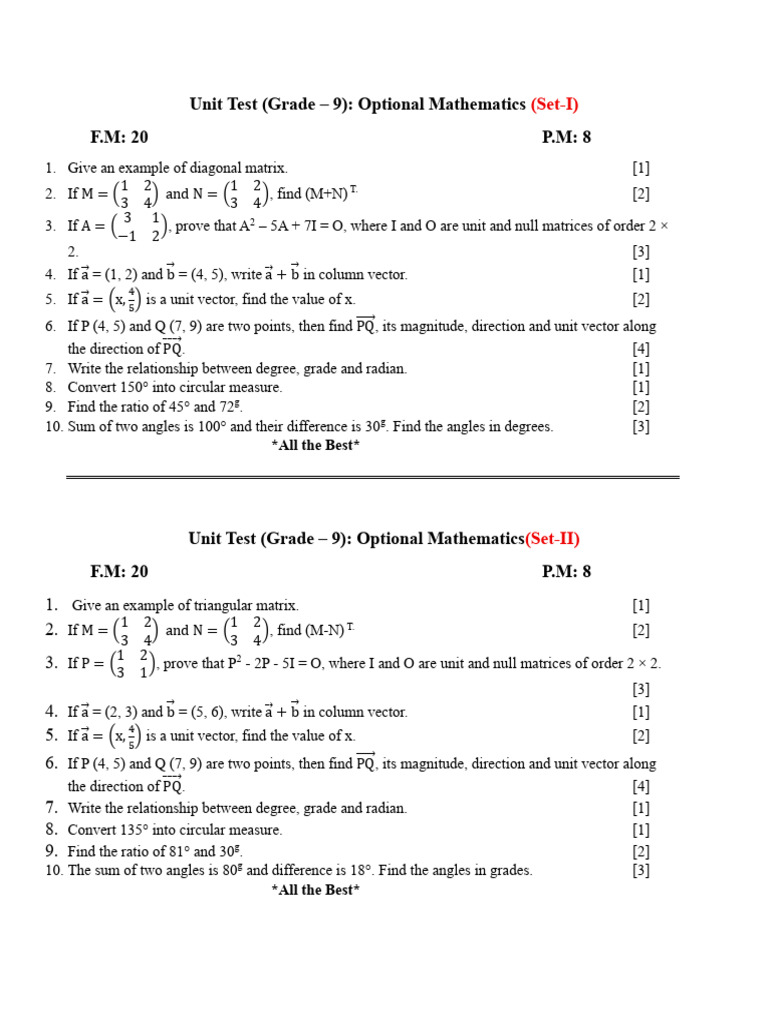 Unit Test1 | PDF | Angle | Matrix (Mathematics)