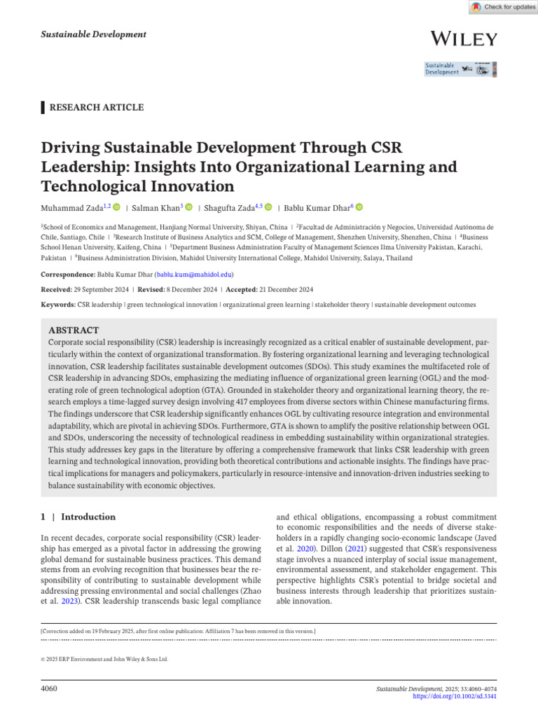 CSR Leadership for Sustainable Development | PDF | Corporate Social ...