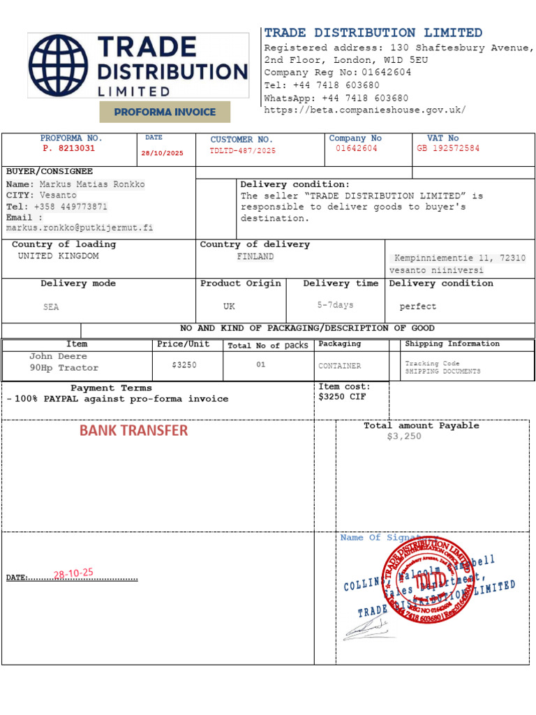 Proforma Invoice for John Deere Tractor | PDF | Pro Forma | Business