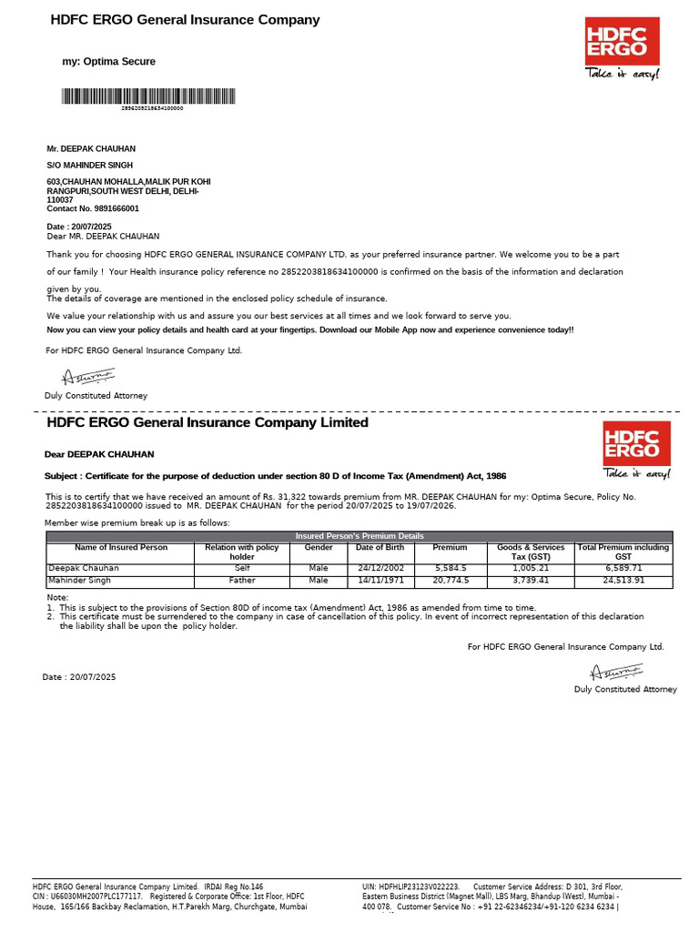 My: Optima Secure: Insured Person's Premium Details | PDF | Insurance ...