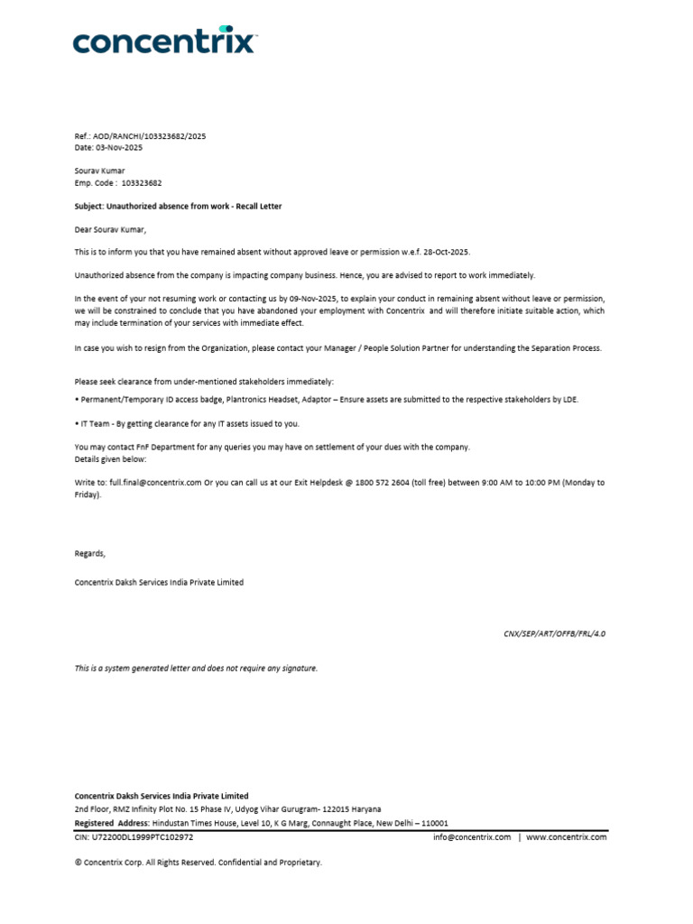 Recall Letter for Unauthorized Absence | PDF