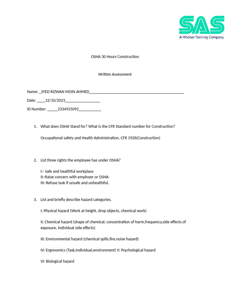 OSHA 30-Hour Construction Safety Guide | PDF | Hazards | Personal ...