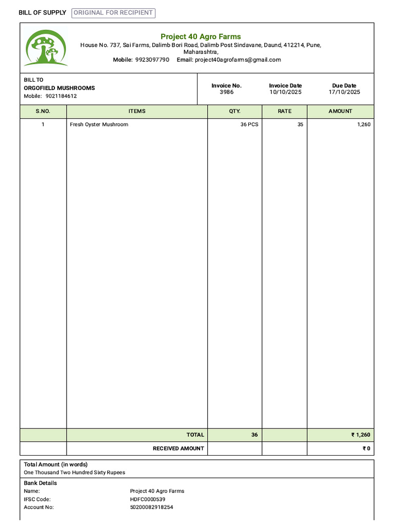 Invoice for Fresh Oyster Mushrooms | PDF