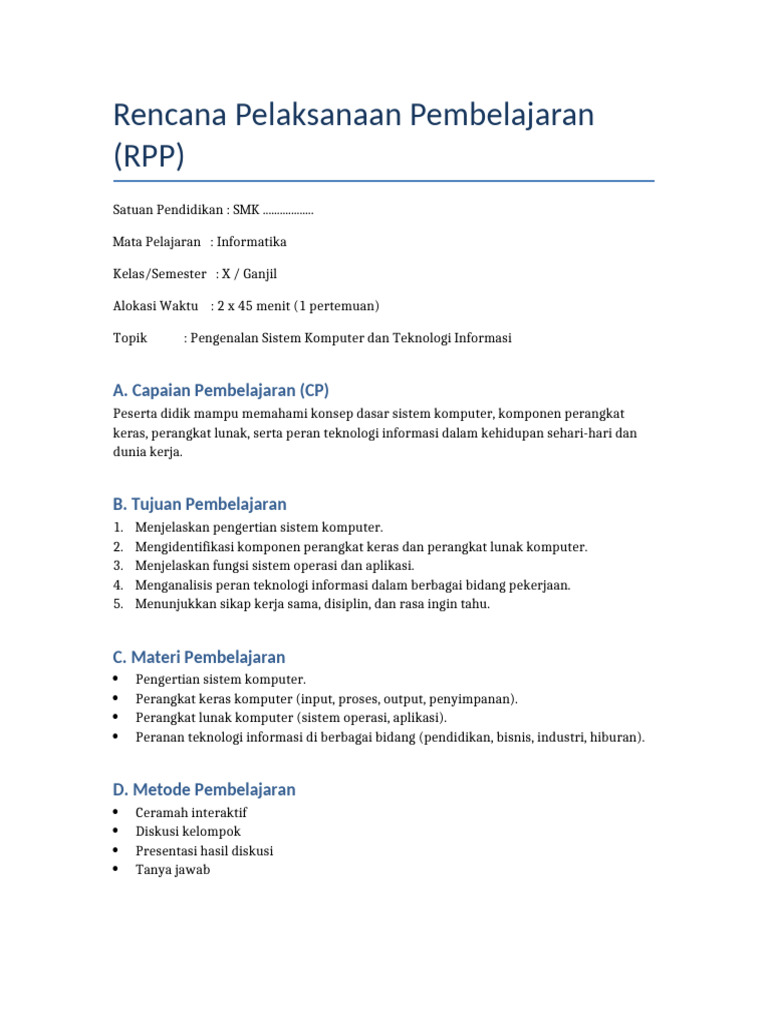 RPP Informatika Kelas 10: Sistem Komputer | PDF