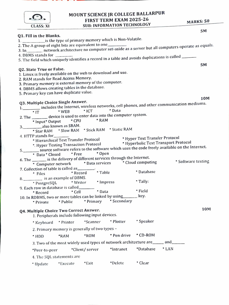 IT Exam Paper for Class XI 2025-26 | PDF | Databases | Random Access Memory