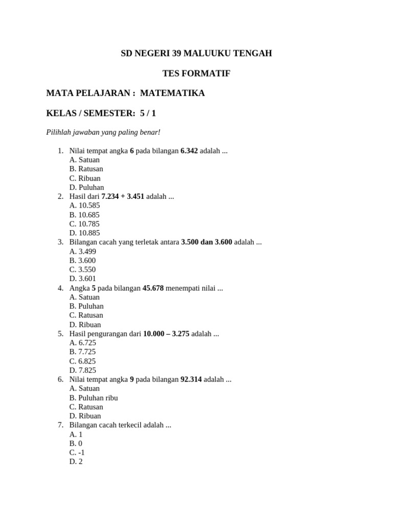 Berikut Contoh Soal Matematika Kelas 5 Tentang Bilangan Cacah Dan Nilai ...