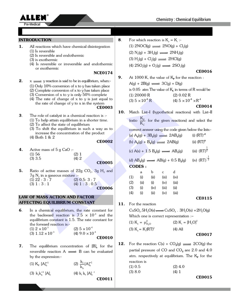 Chemical Equilibrium Concepts and Exercises | PDF | Chemical ...