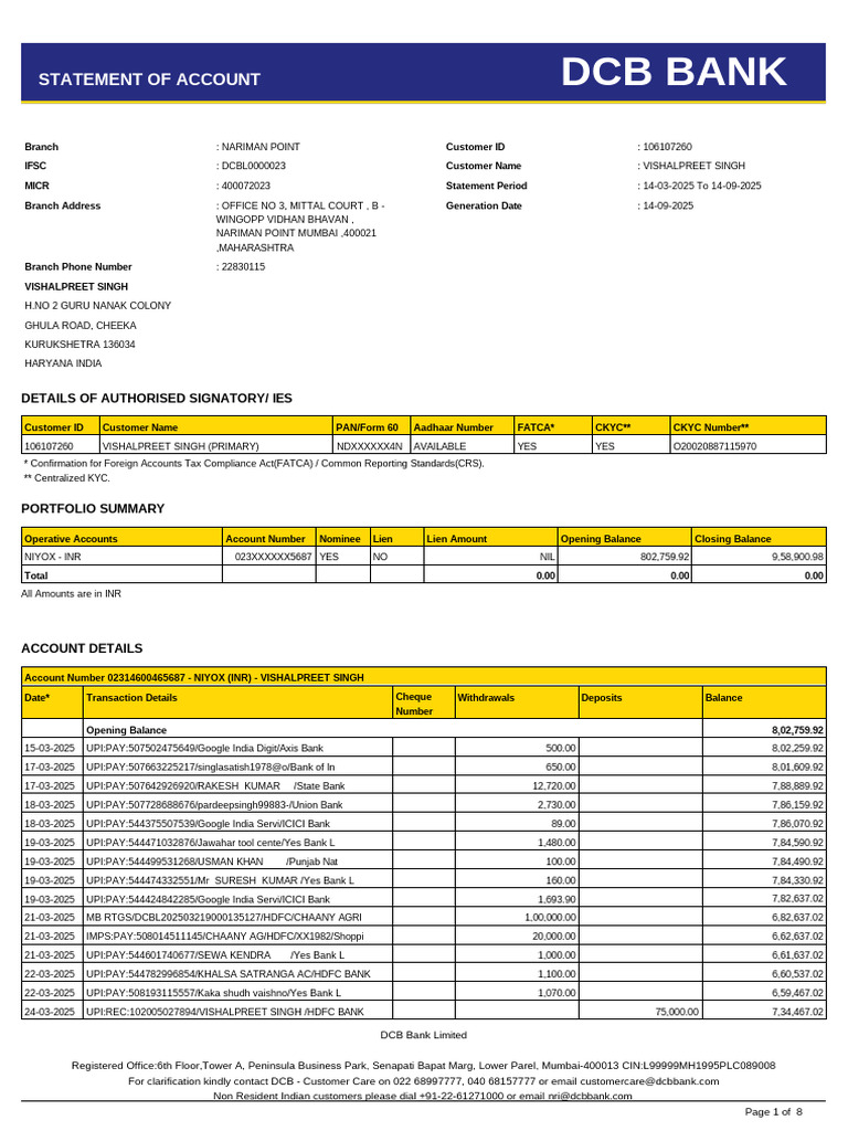 DCB Bank Account Statement for Vishalpreet Singh | PDF | Private Sector ...