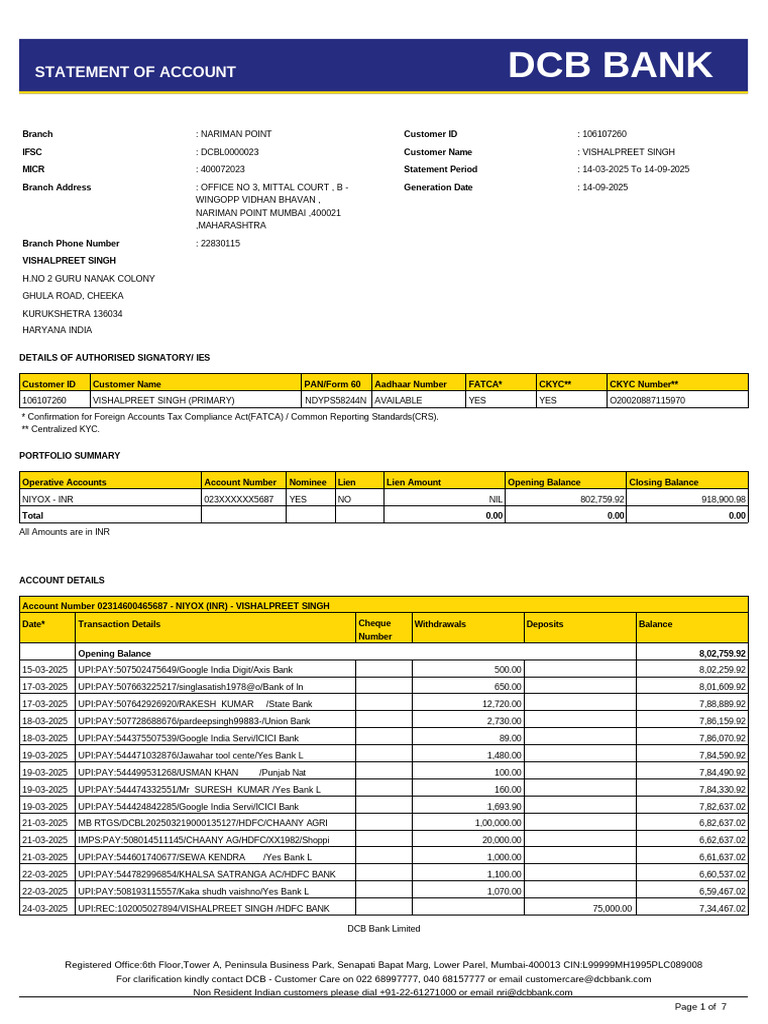 DCB Bank Account Statement for Vishalpreet Singh | PDF | Banks ...