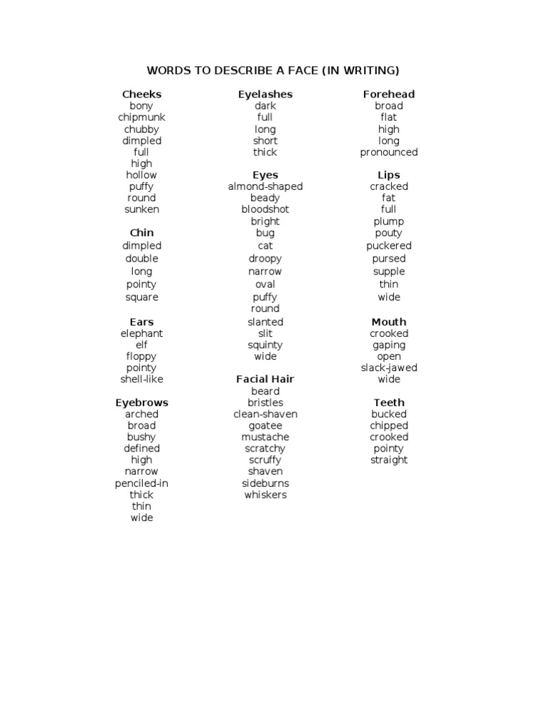 Words To Describe A Face (Writing) PDF Hairdressing Facial Features