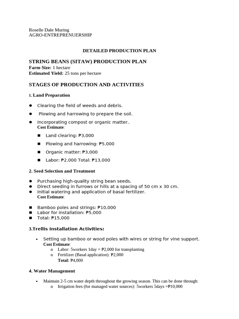 String Beans Production Plan Summary | PDF | Fertilizer | Weed